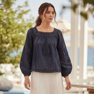 Sea New York Navy Blue Embroidered Eyelet Long Sleeve Cotton Blouse Top Size 6